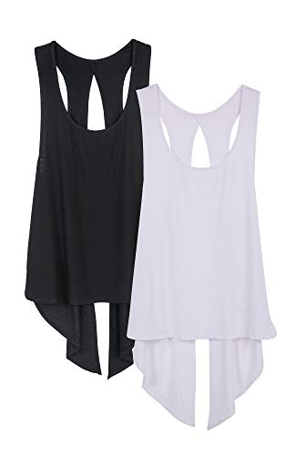 icyzone Damen Sport Top Rückenfrei Fitness Yoga Shirt Ärmellos Sport Oberteile, 2er Pack (M, Black/White) von icyzone