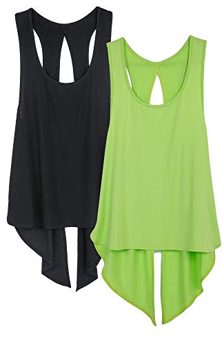 icyzone Damen Sport Top Rückenfrei Fitness Yoga Shirt Ärmellos Sport Oberteile, 2er Pack (S, Black/Greenery) von icyzone