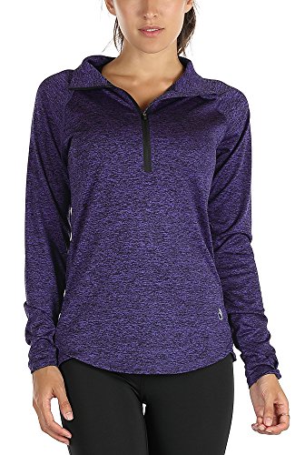 icyzone Damen Sport Shirt Langarm Laufshirt 1/2 Reißverschluss Fitness Yoga Langarmshirts (L, Purple) von icyzone