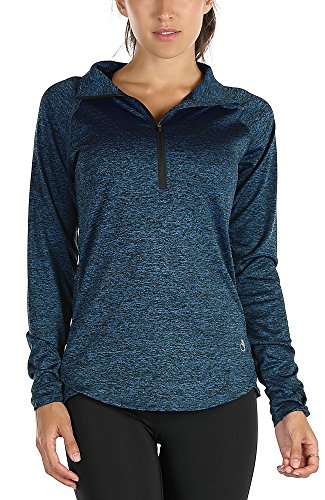 icyzone Damen Sport Shirt Langarm Laufshirt 1/2 Reißverschluss Fitness Yoga Langarmshirts (L, Royal Blue) von icyzone