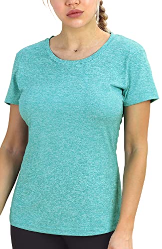 icyZone® Damen Melange T-Shirt outdoor Sport aktiv Base Layer Sonnenschutz Kompression Funktionsshirt(Green Heather, L) von icyzone
