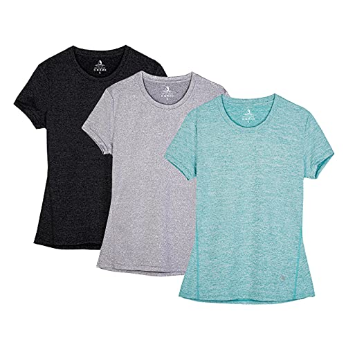 icyzone Sport T-Shirt Damen Kurzarm Laufshirt - Atmungsaktive Fitness Gym Shirt Sport Oberteile, 3er Pack (L, Black/Granite/Green) von icyzone