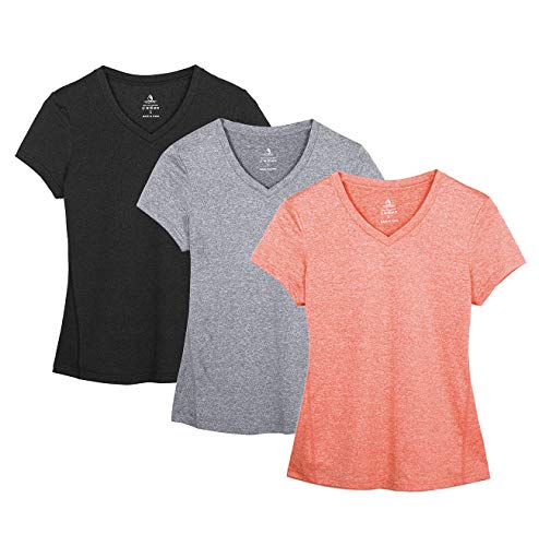 icyzone Damen Sport Fitness T-Shirt Kurzarm V-Ausschnitt Laufshirt Shortsleeve Yoga Top 3er Pack (S, Black/Granite/Peach) von icyzone