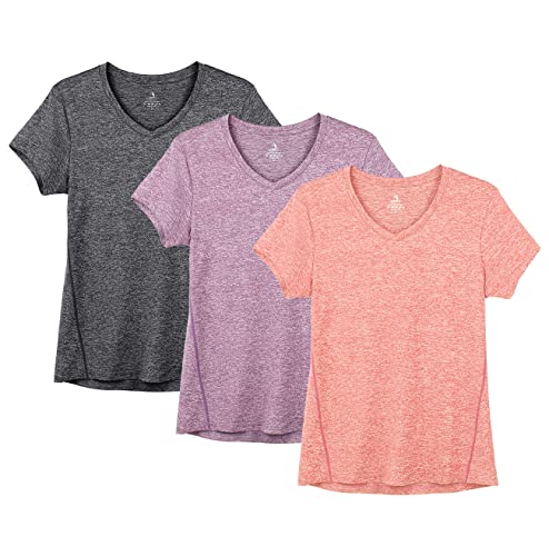icyzone Damen Sport Fitness T-Shirt Kurzarm V-Ausschnitt Laufshirt Shortsleeve Yoga Top 3er Pack (XL, Charcoal/Lavender/Peach) von icyzone