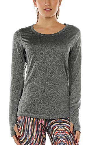 icyzone Damen Laufshirt Langarm Sport Shirt mit Daumenloch Fitness Yoga Oberteil (L, Charcoal) von icyzone