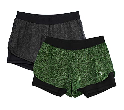 icyzone Damen Laufshorts 2 in 1 Sport Yoga Training Shorts Kurze Sporthose Laufhose, 2er Pack (Black Heather/Green Heather, M) von icyzone