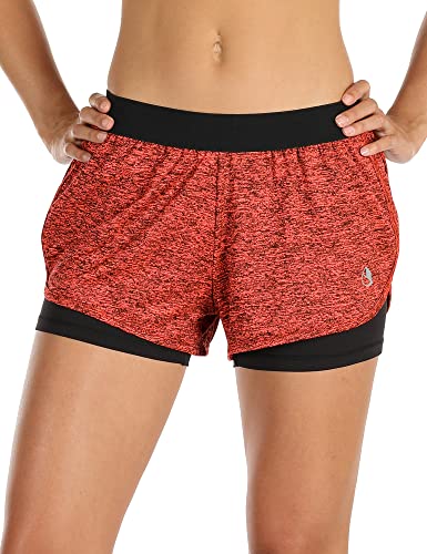 icyzone Damen Laufshorts 2 in 1 Kurze Sporthose Jogginghose Atmungsaktiv Sport Shorts für Gym Training (XL, Red Bud) von icyzone