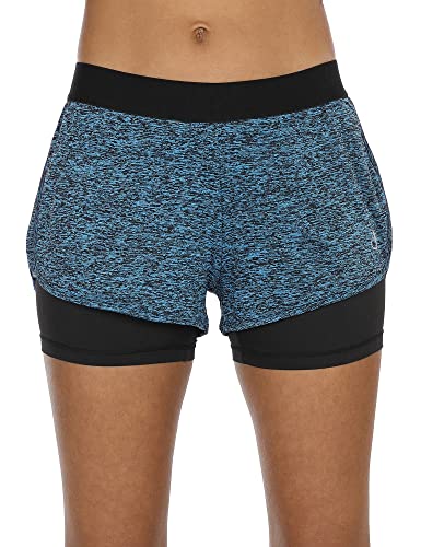 icyzone Damen Laufshorts 2 in 1 Kurze Sporthose Jogginghose Atmungsaktiv Sport Shorts für Gym Training (S, Royal Blue) von icyzone