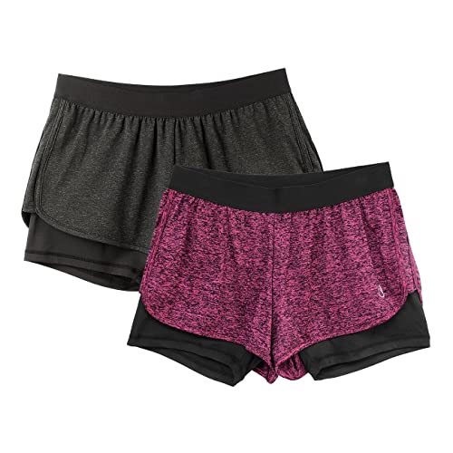 icyzone Damen Laufshorts 2 in 1 Sport Yoga Training Shorts Kurze Sporthose Laufhose, 2er Pack (Black Heather/Rose, XL) von icyzone