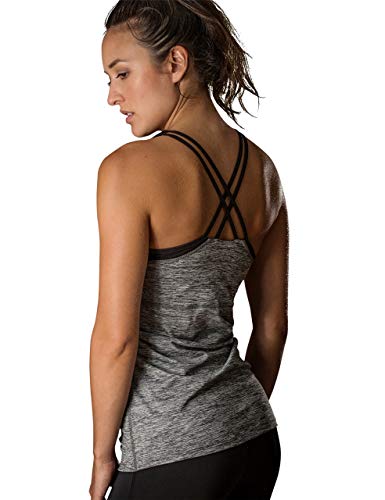 icyzone Damen 2 in 1 Sport Yoga Tops mit BH - Gym Shirts Fitness Trainings Tank Top (L, Grau) von icyzone