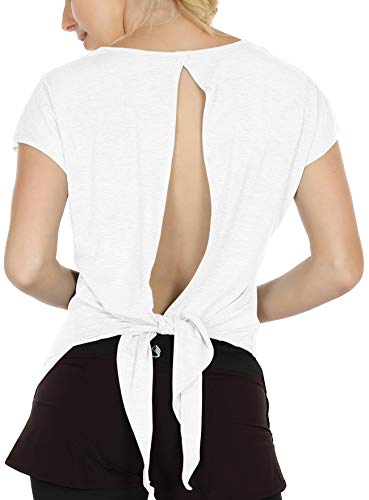 icyzone Damen Rückenfrei Sport Yoga T-Shirts Fitness Kurzarm Oberteil Tops Casual Shirt Loose Fit (XL, White) von icyzone