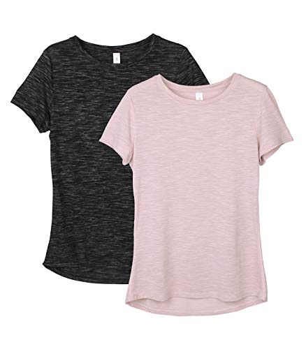 icyzone Damen 2-Pack Sport Shirt Kurzarm Atmungsaktiv Oberteile Fitness Gym Top Casual T-Shirt (L, Black/Cameo Brown) von icyzone