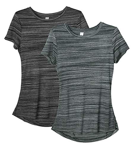 icyzone Damen 2-Pack Sport Shirt Kurzarm Atmungsaktiv Oberteile Fitness Gym Top Casual T-Shirt (S, Charcoal/Pine) von icyzone