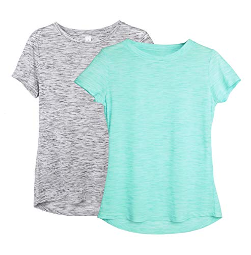 icyzone Damen 2-Pack Sport Shirt Kurzarm Atmungsaktiv Oberteile Fitness Gym Top Casual T-Shirt (XXL, Grey/Ice Green) von icyzone