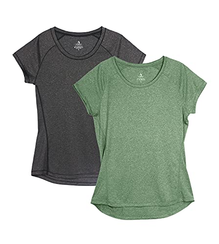 icyzone Damen Fitness Sport T-Shirt Kurzarm Laufshirt Gym Training Funktion Shirt, 2er-Pack (M, Schwarz/Grün) von icyzone