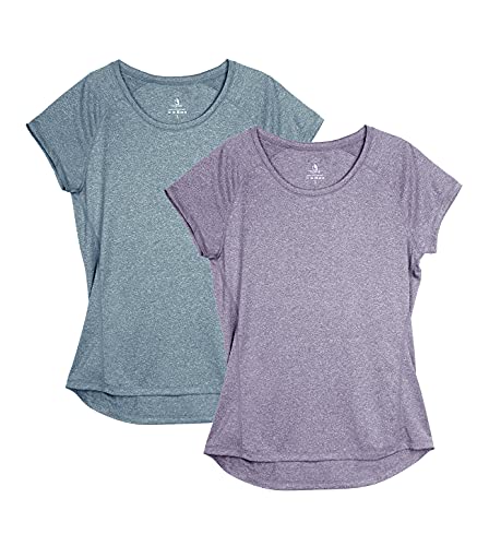 icyzone Damen Fitness Sport T-Shirt Kurzarm Laufshirt Gym Training Funktion Shirt, 2er-Pack (M, Violett/Navy) von icyzone