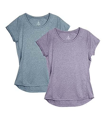 icyzone Damen Fitness Sport T-Shirt Kurzarm Laufshirt Gym Training Funktion Shirt, 2er-Pack (XL, Violett/Navy) von icyzone