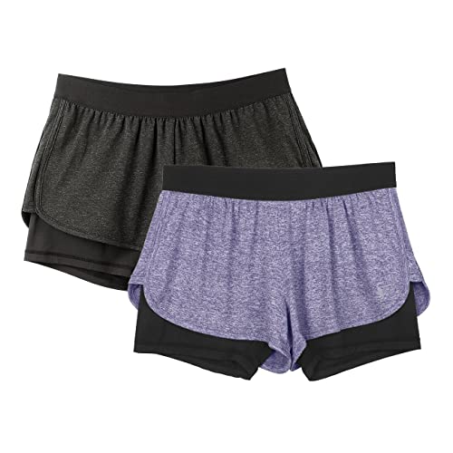 icyzone Damen Laufshorts 2 in 1 Sport Yoga Training Shorts Kurze Sporthose Laufhose, 2er Pack (Black Heather/Violet, L) von icyzone