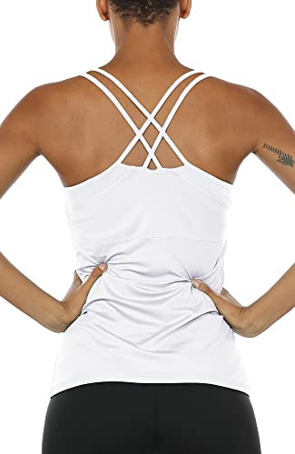 icyzone Damen 2 in 1 Sport Yoga Tops mit BH - Gym Shirts Fitness Trainings Tank Top (L, Weiß) von icyzone