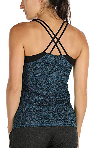 icyzone Damen 2 in 1 Sport Yoga Tops mit BH - Gym Shirts Fitness Trainings Tank Top (M, Dunkelblau) von icyzone