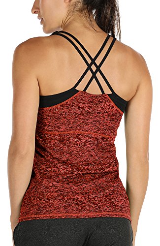 icyzone Damen 2 in 1 Sport Yoga Tops mit BH - Gym Shirts Fitness Trainings Tank Top (S, Burnt Ochre) von icyzone