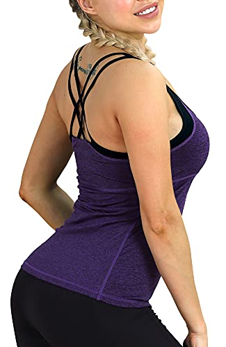 icyzone Damen 2 in 1 Sport Yoga Tops mit BH - Gym Shirts Fitness Trainings Tank Top (XL, Purple) von icyzone