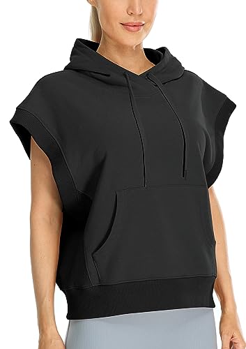 icyzone Damen Ärmellos Kapuzenpullover Fleece Hoodie Lose Sweatshirt mit Kangrootaschen (Black, S) von icyzone