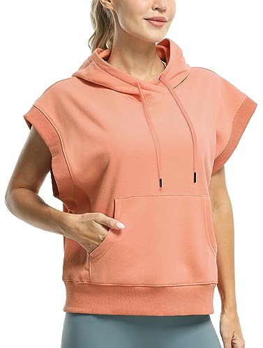 icyzone Damen Ärmellos Kapuzenpullover Fleece Hoodie Lose Sweatshirt mit Kangrootaschen (Cameo Pink, S) von icyzone