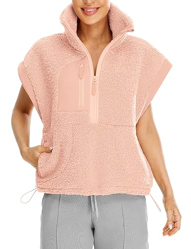 icyzone Damen Ärmellose Teddy Fleece Pullover Half Zip Polar Soft Fleece-Weste Lose Sweatshirt (Nude Pink, XL) von icyzone
