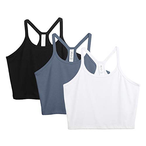 icyzone Damen Bauchfreies Gerippt Tank Top Yoga Crop Top Sommer Camisole Shirts 3er Pack (XL, Black/White/Dusty Blue) von icyzone