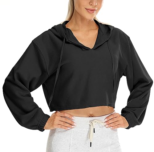 icyzone Damen Cropped Kapuzenpullover Fleece Gefütterte Sport Hoodie Casual Bauchfrei Sweatshirt (Black, S) von icyzone