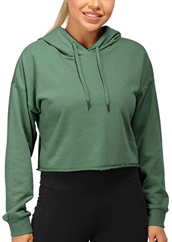 icyzone Damen Cropped Kapuzenpullover Langarm Sweatshirt Crop Top Pullover Hoodie (L, Grün) von icyzone