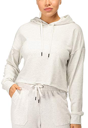 icyzone Damen Cropped Kapuzenpullover Langarm Sweatshirt Crop Top Pullover Hoodie (L, Lichtgrau) von icyzone