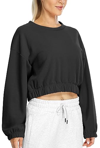 icyzone Damen Cropped Pullover Fleece Gefüttert Langarm Sweatshirt Rundhals Pulli Crop Top (Black, L) von icyzone