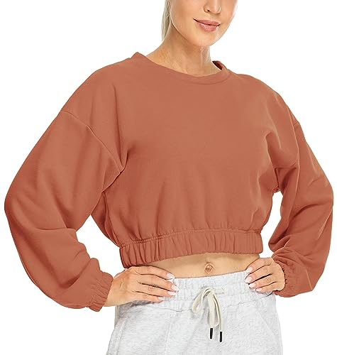 icyzone Damen Cropped Pullover Fleece Gefüttert Langarm Sweatshirt Rundhals Pulli Crop Top (Copper Brown, M) von icyzone