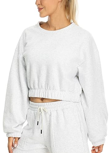 icyzone Damen Cropped Pullover Fleece Gefüttert Langarm Sweatshirt Rundhals Pulli Crop Top (Light Grey, XL) von icyzone