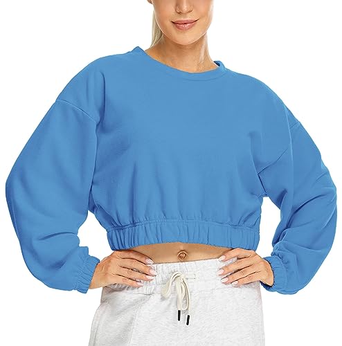 icyzone Damen Cropped Pullover Fleece Gefüttert Langarm Sweatshirt Rundhals Pulli Crop Top (Royal Blue, S) von icyzone