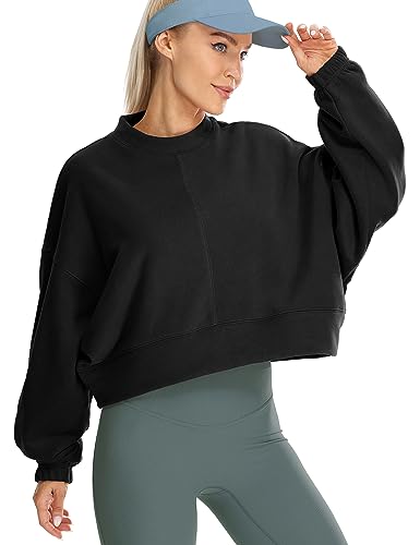 icyzone Damen Cropped Pullover Fleece Lined Sweatshirt Oversized Rundhals Causal Kurz Oberteile (Black, S) von icyzone