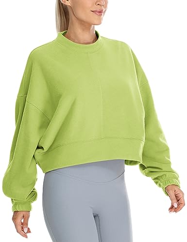icyzone Damen Cropped Pullover Fleece Lined Sweatshirt Oversized Rundhals Causal Kurz Oberteile (Grass Green, S) von icyzone