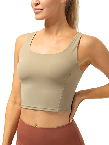 icyzone Damen Cropped Yoga Tops mit Integriertem BH, Quadratischer Hals Sport Fitness Tank Top (L, Gravel) von icyzone