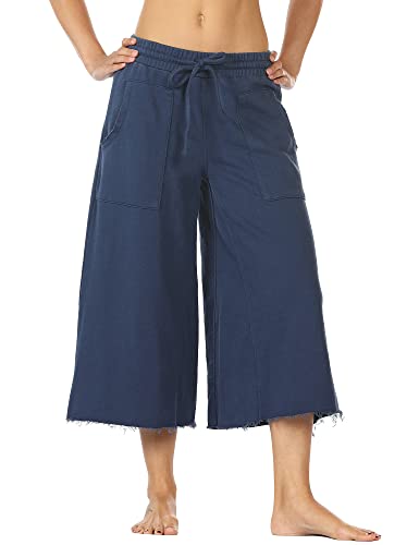 icyzone Damen Culotte Sporthose 3/4 Weites Bein Hose, Elastische Taille Hosenrock Capri Pants Freizeithose (S, Navy blau) von icyzone