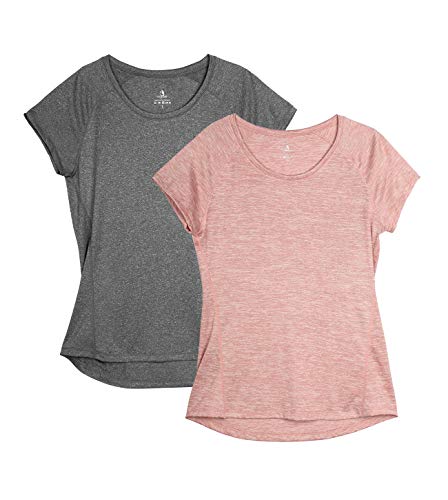 icyzone Damen Fitness Sport T-Shirt Kurzarm Laufshirt Gym Training Funktion Shirt, 2er-Pack (XL, Grau/Pink) von icyzone