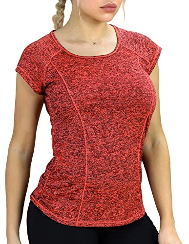 icyzone Damen Sport T-Shirt Kurzarm Laufshirt Rückenfrei Fitness Oberteile Gym Yoga Top (L, Burnt Ochre) von icyzone