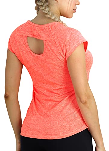 icyzone Damen Sport T-Shirt Kurzarm Laufshirt Rückenfrei Fitness Oberteile Gym Yoga Top (L, Orange) von icyzone