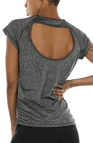 icyzone Damen Sport T-Shirt Kurzarm Laufshirt Rückenfrei Fitness Oberteile Gym Yoga Top (M, Charcoal) von icyzone