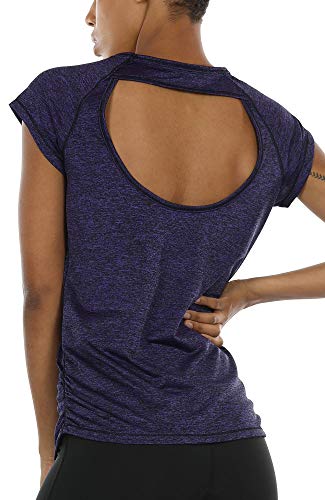 icyzone Damen Sport T-Shirt Kurzarm Laufshirt Rückenfrei Fitness Oberteile Gym Yoga Top (S, Purple) von icyzone