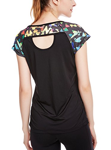 icyzone Damen Sport T-Shirt Kurzarm Laufshirt Rückenfrei Fitness Oberteile Gym Yoga Top (XL, Fantastic/Black) von icyzone
