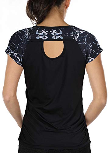 icyzone Damen Sport T-Shirt Kurzarm Laufshirt Rückenfrei Fitness Oberteile Gym Yoga Top (XL, Monochrome/Black) von icyzone