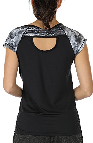 icyzone Damen Sport T-Shirt Kurzarm Laufshirt Rückenfrei Fitness Oberteile Gym Yoga Top (XL, Storm/Black) von icyzone