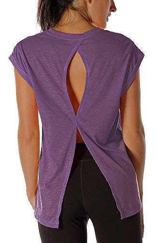 icyzone Damen Fitness-Trainings Kurzarm Shirt Yoga Top Loose Fit Rückenfrei Sport T-Shirt (L, Grape) von icyzone